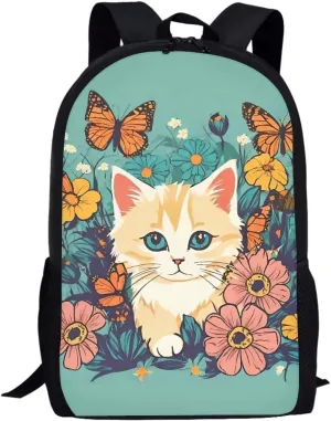 JoyLamoria Casual Satchel Bag Lightweight Portable Shoulder Bag Zipper Pouch Backpack Handbag Tote Bag, Cat Floral Blossoms