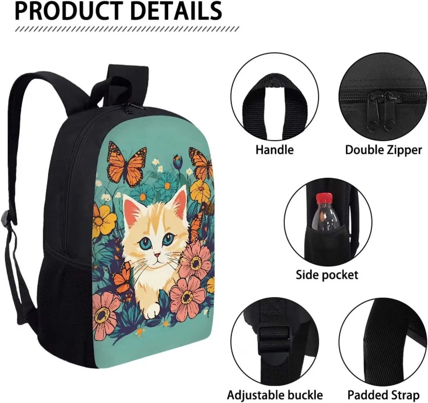 JoyLamoria Casual Satchel Bag Lightweight Portable Shoulder Bag Zipper Pouch Backpack Handbag Tote Bag, Cat Floral Blossoms