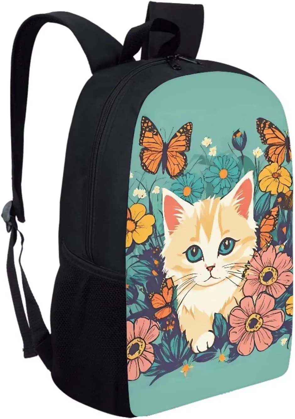 JoyLamoria Casual Satchel Bag Lightweight Portable Shoulder Bag Zipper Pouch Backpack Handbag Tote Bag, Cat Floral Blossoms