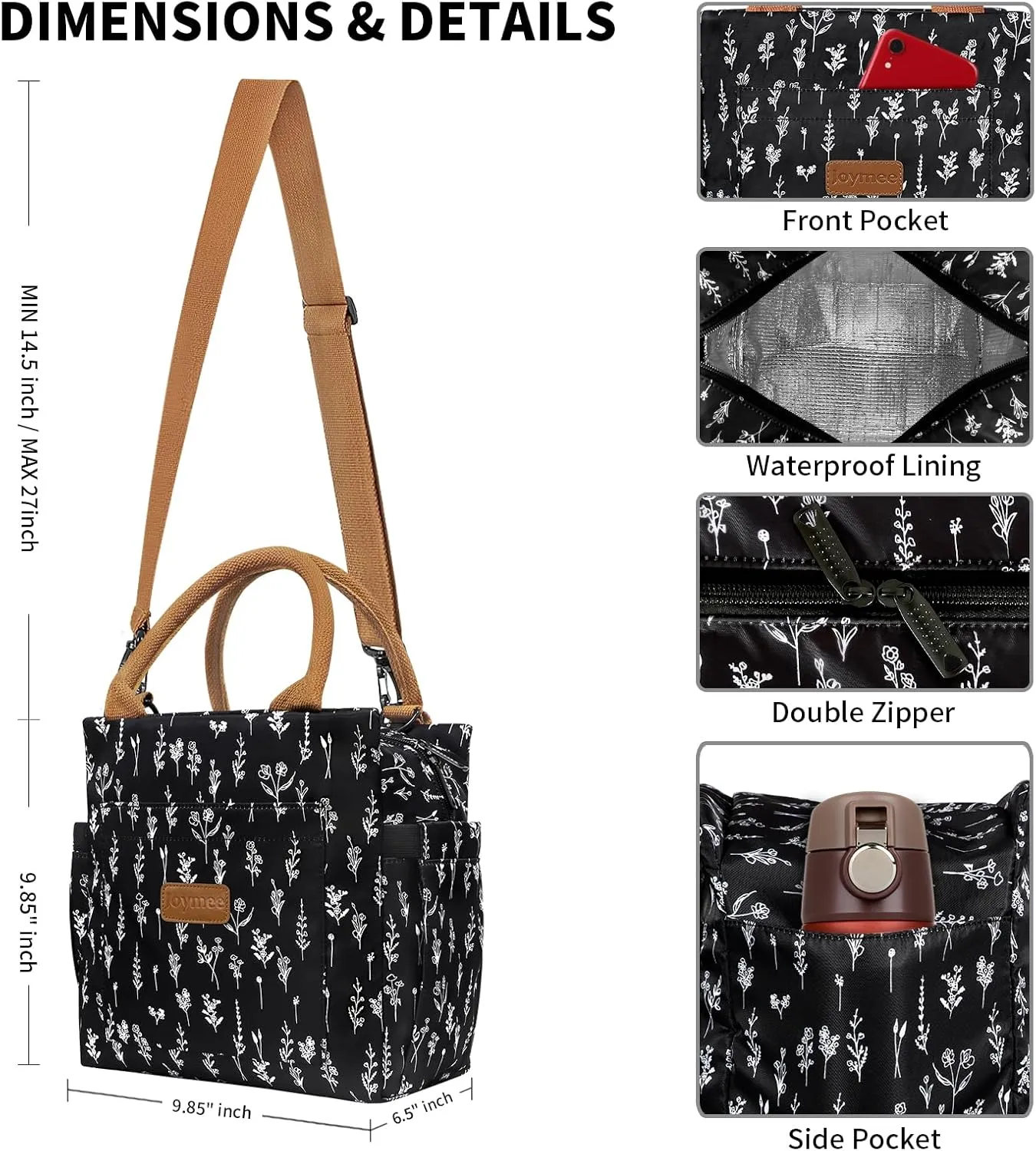 Joymee Lunch Bag Women, Leakproof Insulated Floral Lunch Box with Adjustable Shoulder Strap Reusable Adult Lunch Box Lunch Tote Lunch Bag with Water Bottle Holder and Side Pockets-White Little Flowers
