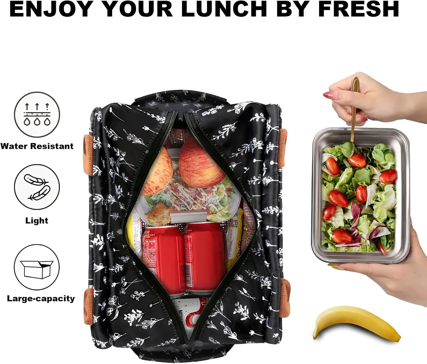 Joymee Lunch Bag Women, Leakproof Insulated Floral Lunch Box with Adjustable Shoulder Strap Reusable Adult Lunch Box Lunch Tote Lunch Bag with Water Bottle Holder and Side Pockets-White Little Flowers