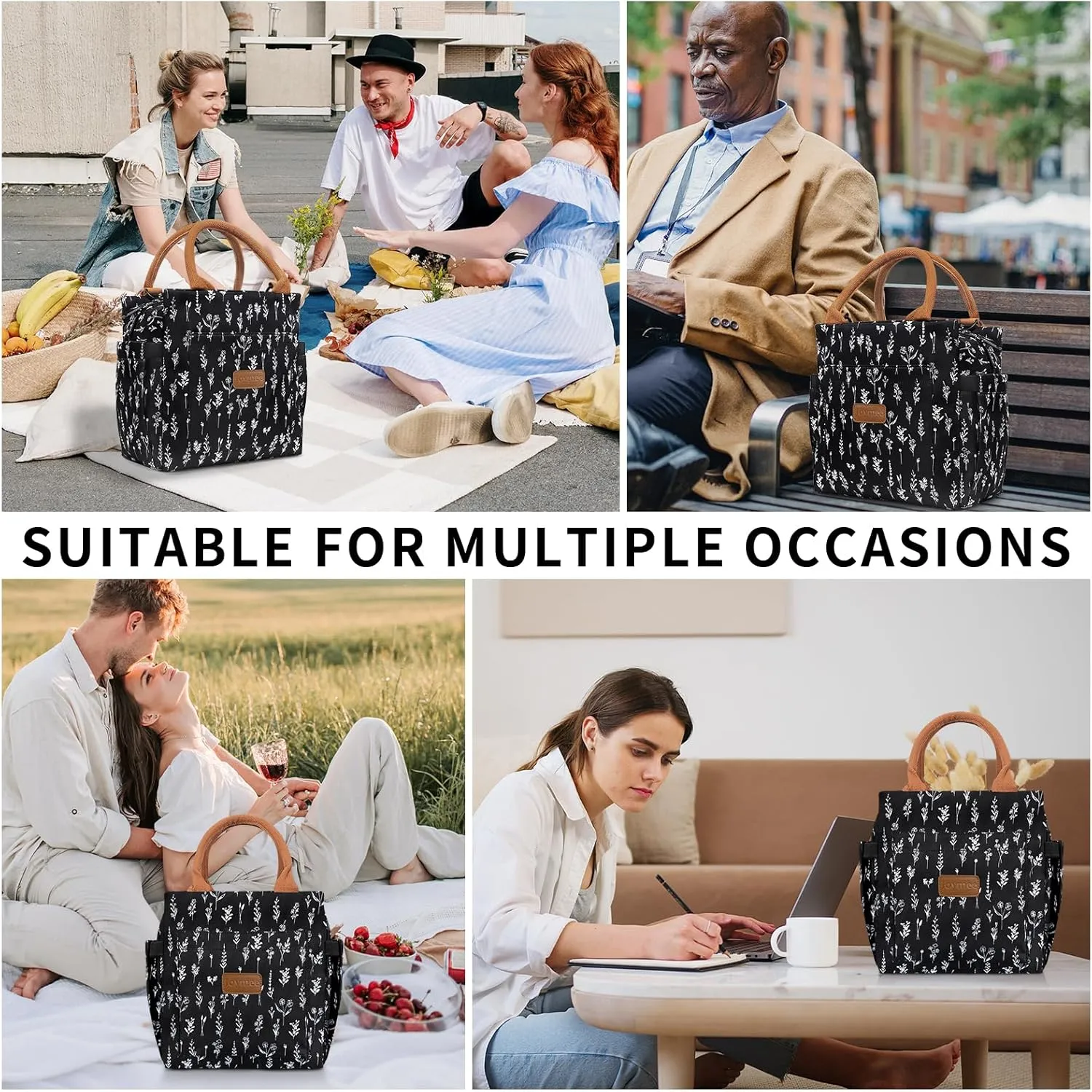 Joymee Lunch Bag Women, Leakproof Insulated Floral Lunch Box with Adjustable Shoulder Strap Reusable Adult Lunch Box Lunch Tote Lunch Bag with Water Bottle Holder and Side Pockets-White Little Flowers