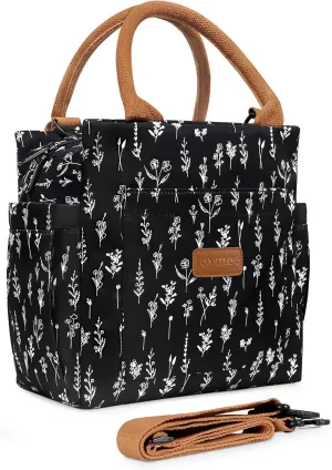 Joymee Lunch Bag Women, Leakproof Insulated Floral Lunch Box with Adjustable Shoulder Strap Reusable Adult Lunch Box Lunch Tote Lunch Bag with Water Bottle Holder and Side Pockets-White Little Flowers