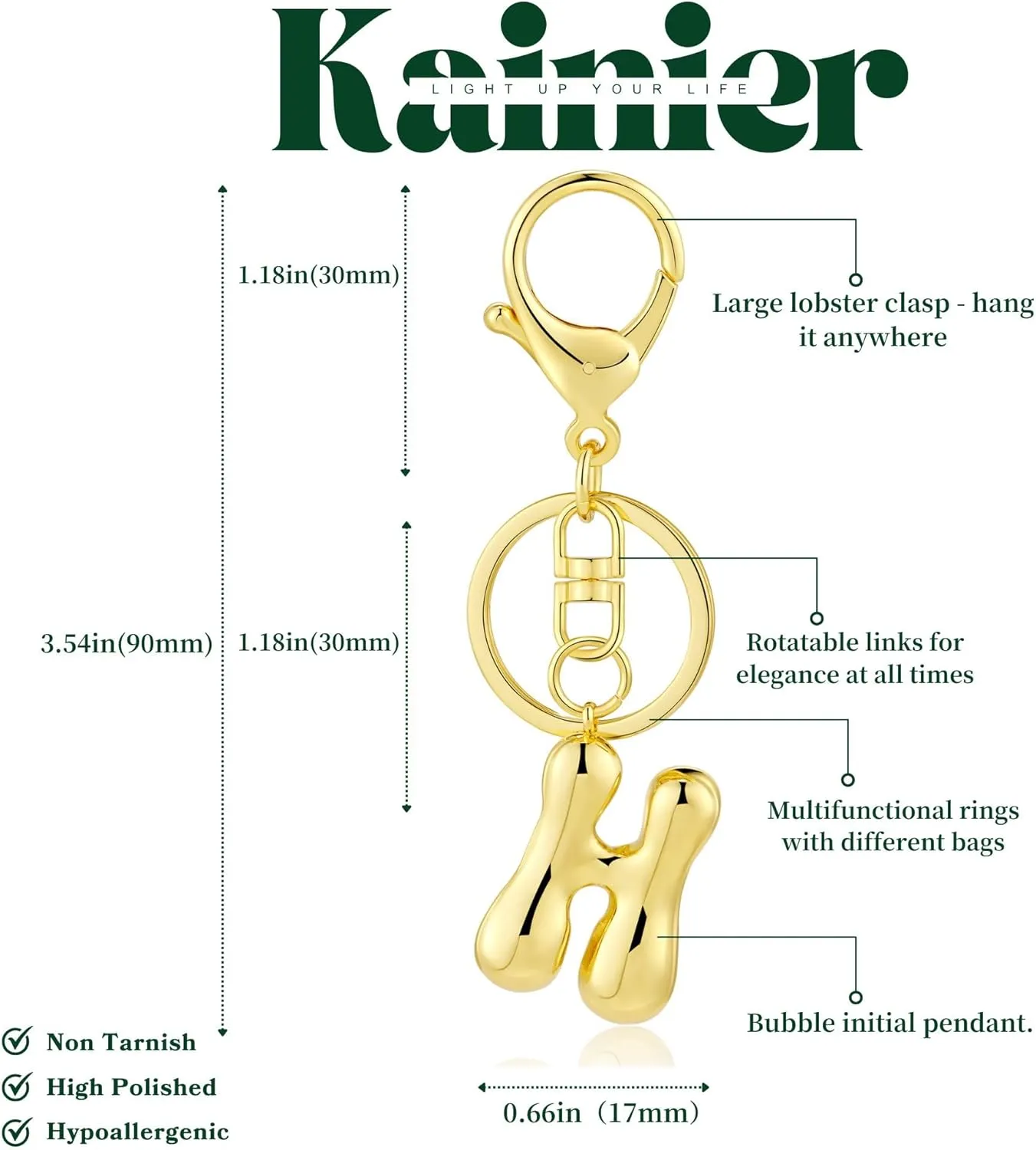 Kainier Gold Bubble Initial Keychain for Women Bag Charm Purse Key Alphabet Handbags Pendant Accessories Gift