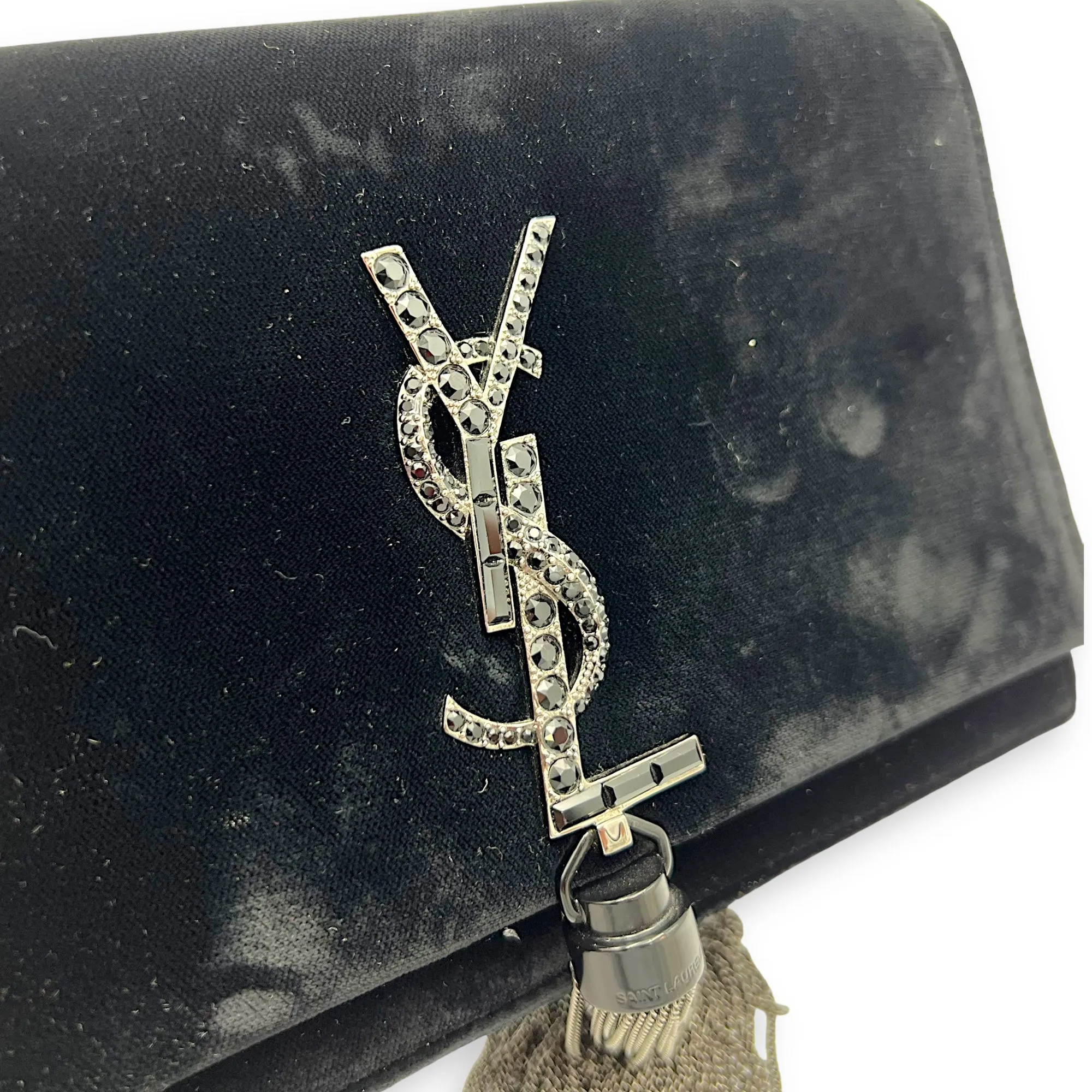 Kate Small Black Crossbody Bag in Velvet, Silver hardware