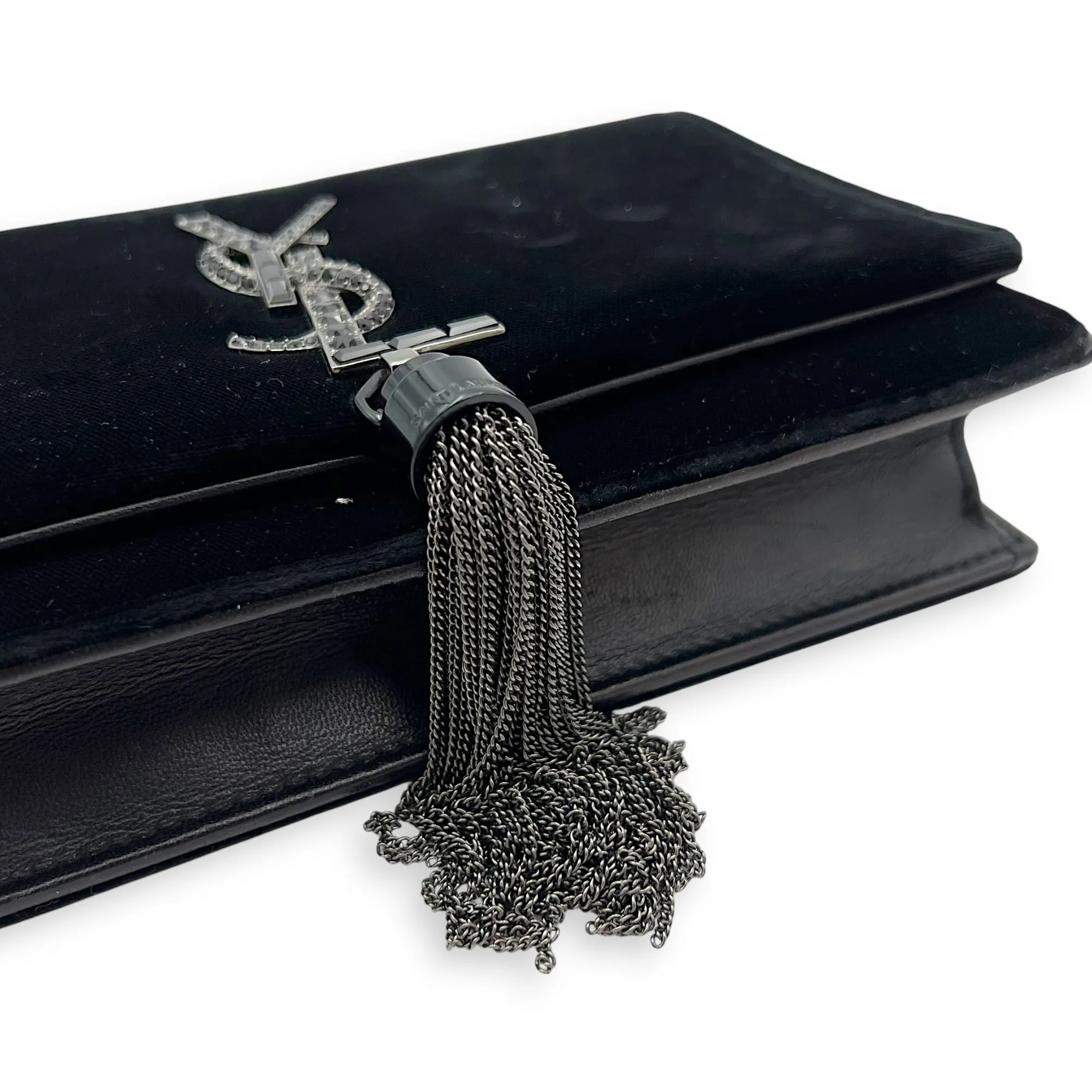 Kate Small Black Crossbody Bag in Velvet, Silver hardware