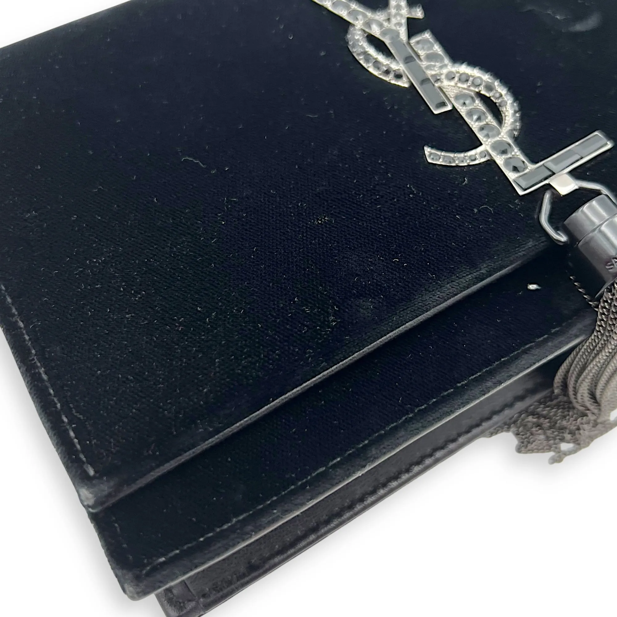 Kate Small Black Crossbody Bag in Velvet, Silver hardware