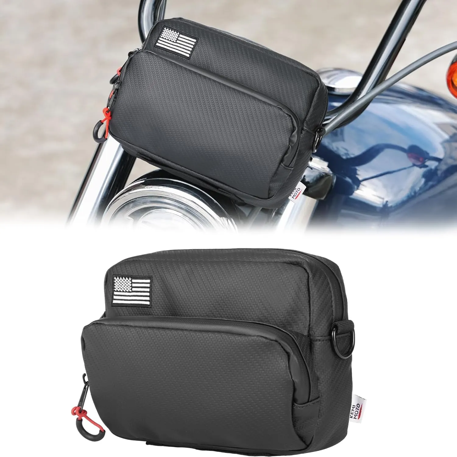 KEMIMOTO Motorcycle Handlebar Bag with Waterproof Cover Universal Bicycle Handle Bar Tool Bag for Front Fork Sissy Bar Compatible with Cruiser Softail Dyna Sportster Dirtbike Carbon Fiber