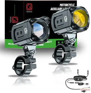 Kewig Motorcycle Auxiliary LED Light Kit Driving Spotlights White/Amber Fog Light with Mount Brackets Wire Harness Waterproof 60W Offroad Work Lights Compatible with Motorcycle J-eep Car Truck