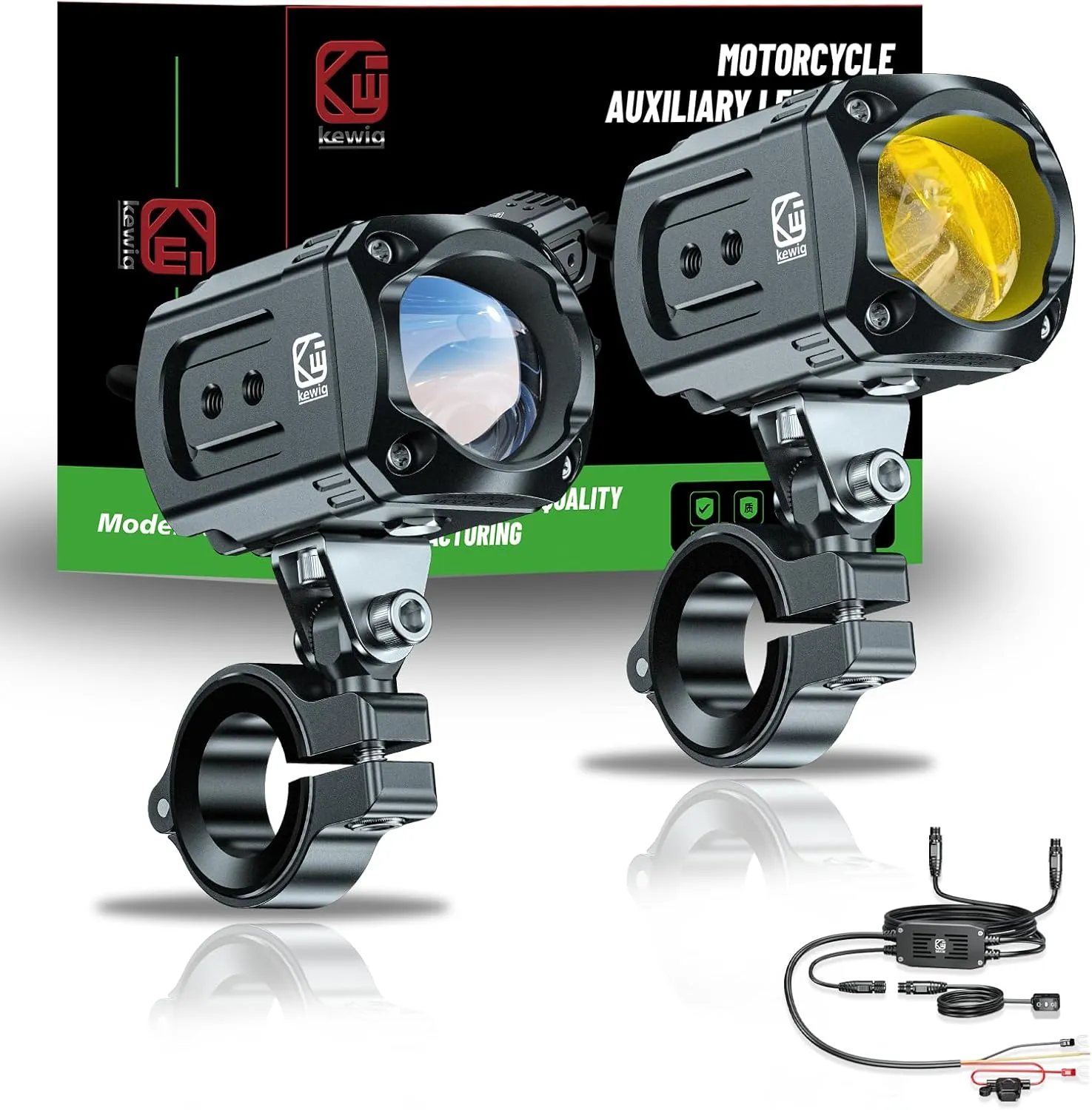 Kewig Motorcycle Auxiliary LED Light Kit Driving Spotlights White/Amber Fog Light with Mount Brackets Wire Harness Waterproof 60W Offroad Work Lights Compatible with Motorcycle J-eep Car Truck