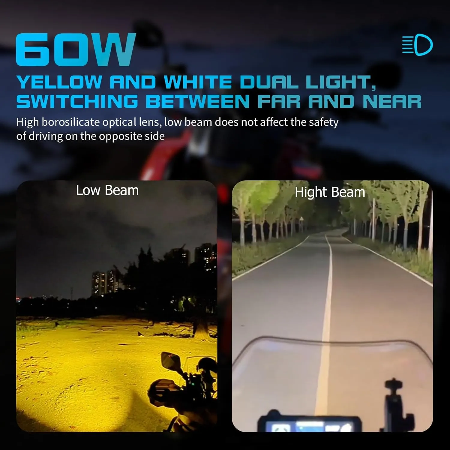 Kewig Motorcycle Auxiliary LED Light Kit Driving Spotlights White/Amber Fog Light with Mount Brackets Wire Harness Waterproof 60W Offroad Work Lights Compatible with Motorcycle J-eep Car Truck