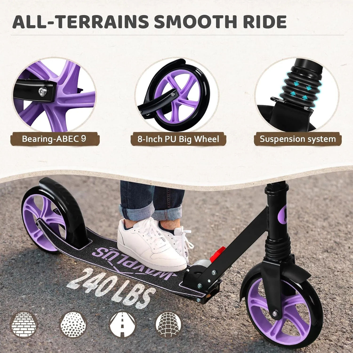 Kick Scooter for Ages 6 ,Kid, Teens & Adults. Max Load 240 LBS. Foldable, Lightweight, 8IN Big Wheels for Kids, Teen and Adults, 4 Adjustable Levels. Bearing ABEC9