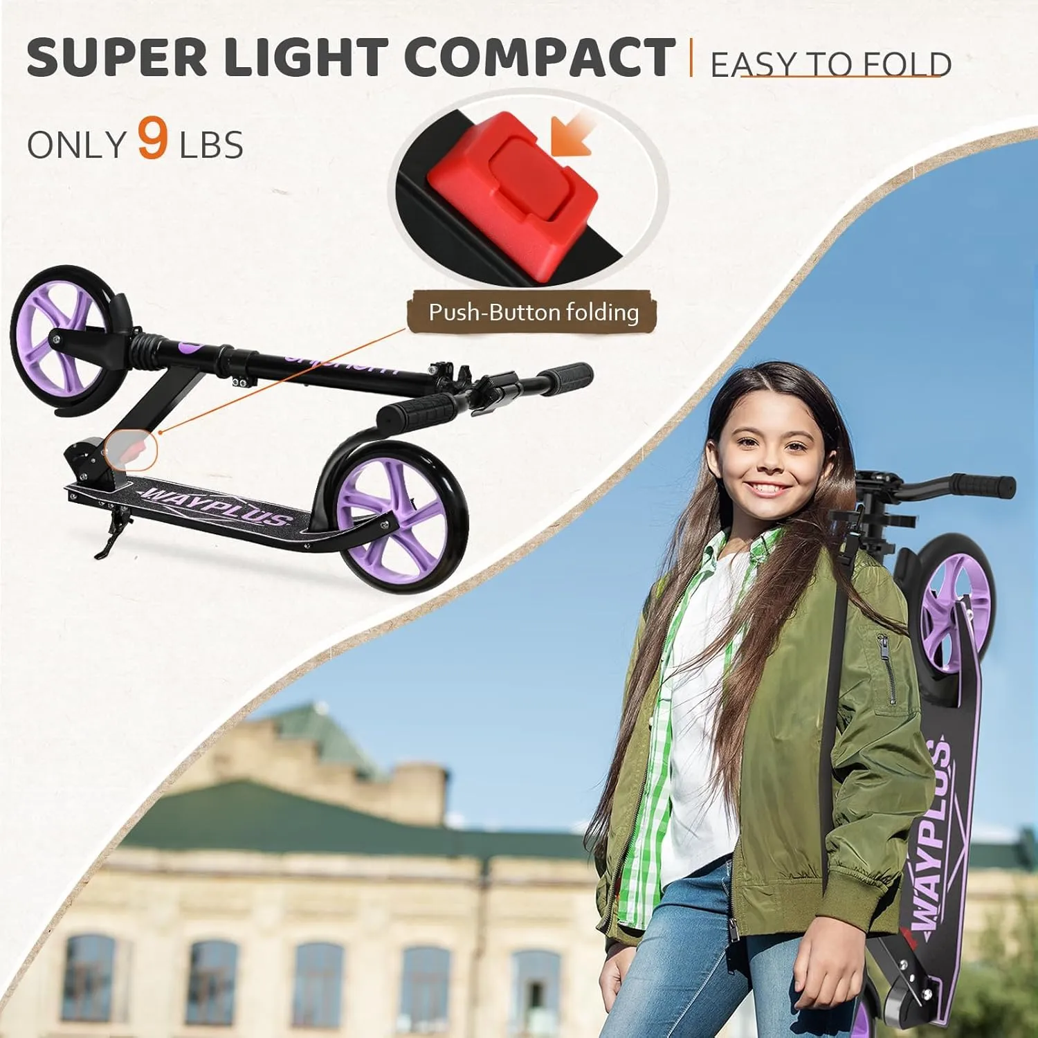 Kick Scooter for Ages 6 ,Kid, Teens & Adults. Max Load 240 LBS. Foldable, Lightweight, 8IN Big Wheels for Kids, Teen and Adults, 4 Adjustable Levels. Bearing ABEC9