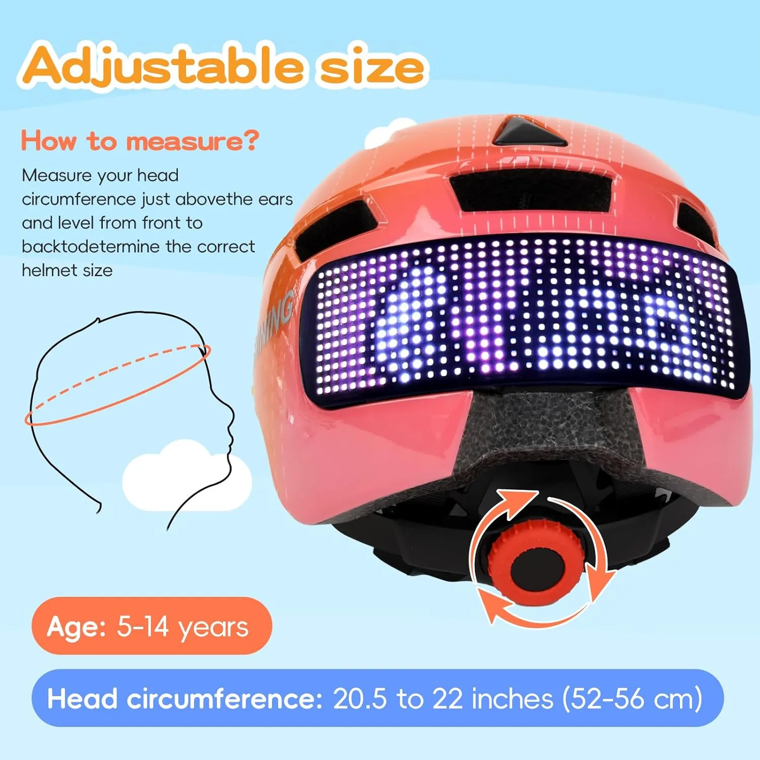 Kids Bike Helmet, LED Display, Remote Control, 64 Patterns, Detachable Visor, Adjustable & Breathable Kid Sport Helmet for Bicycle, Skateboard, Scooter