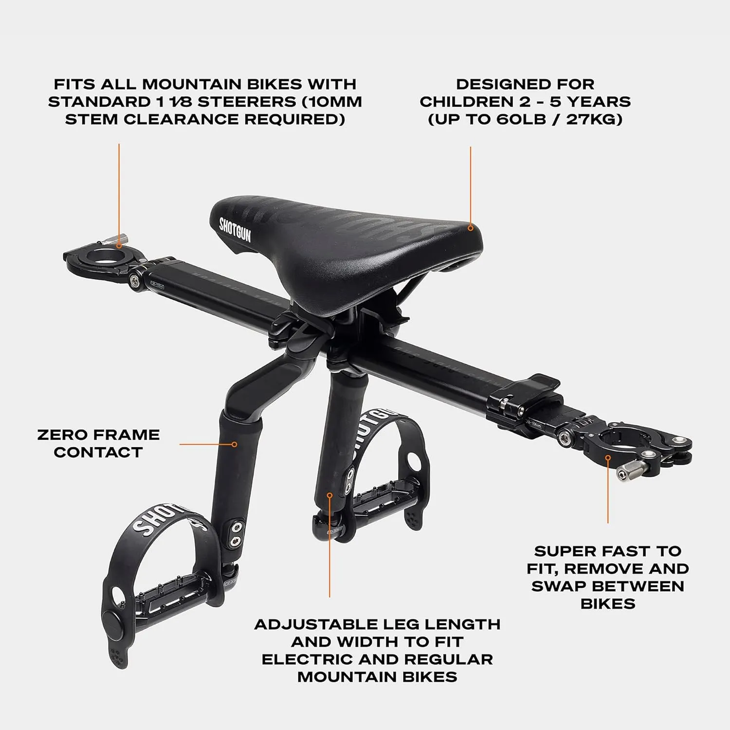 Kids Ride Shotgun - Front Mounted Child Bike Seat | Easy Install | Made for Mountain Bikes