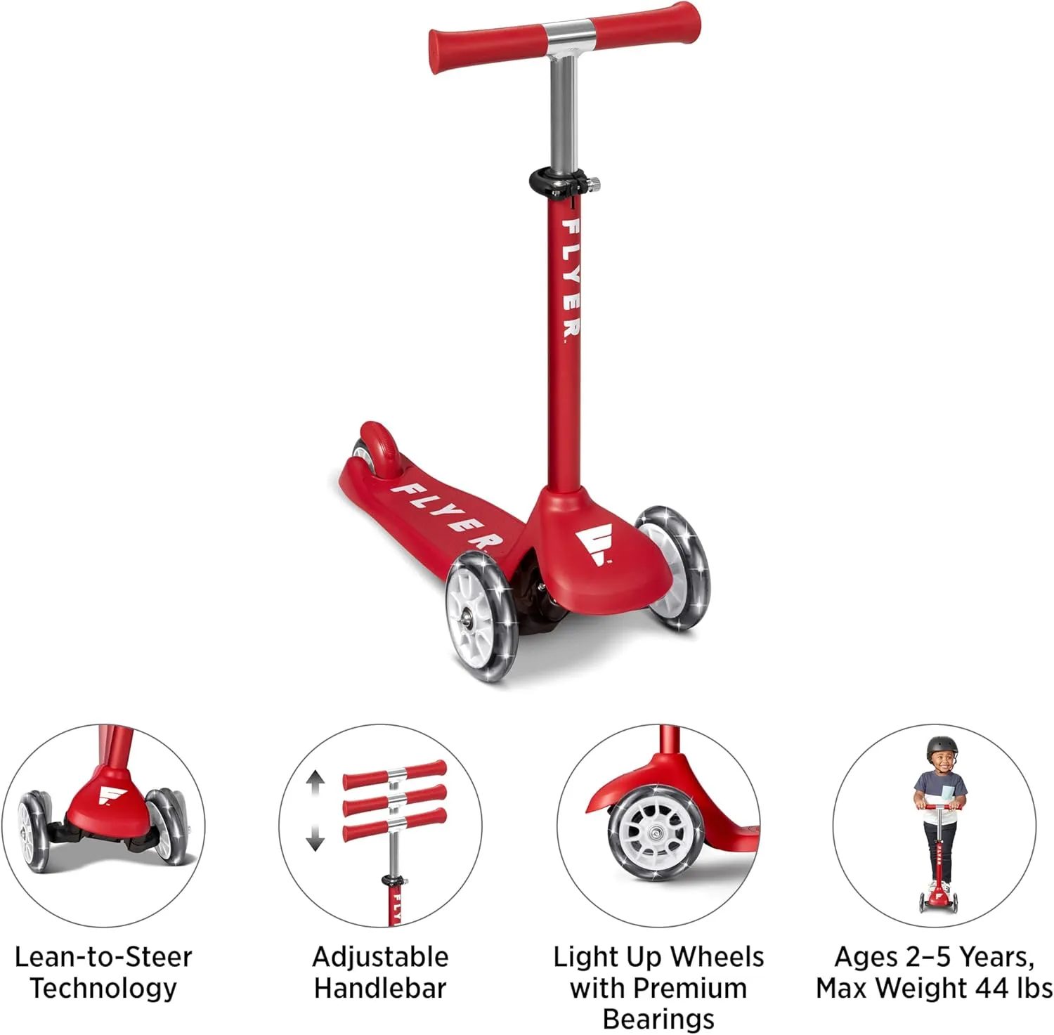 Kids Scooter, Toddler Scooter, Flyer Glider Jr. with Light Up Wheels, Red, Radio Flyer Ride On Toys for Kids 2-5 Years Old, for Outdoor Riding