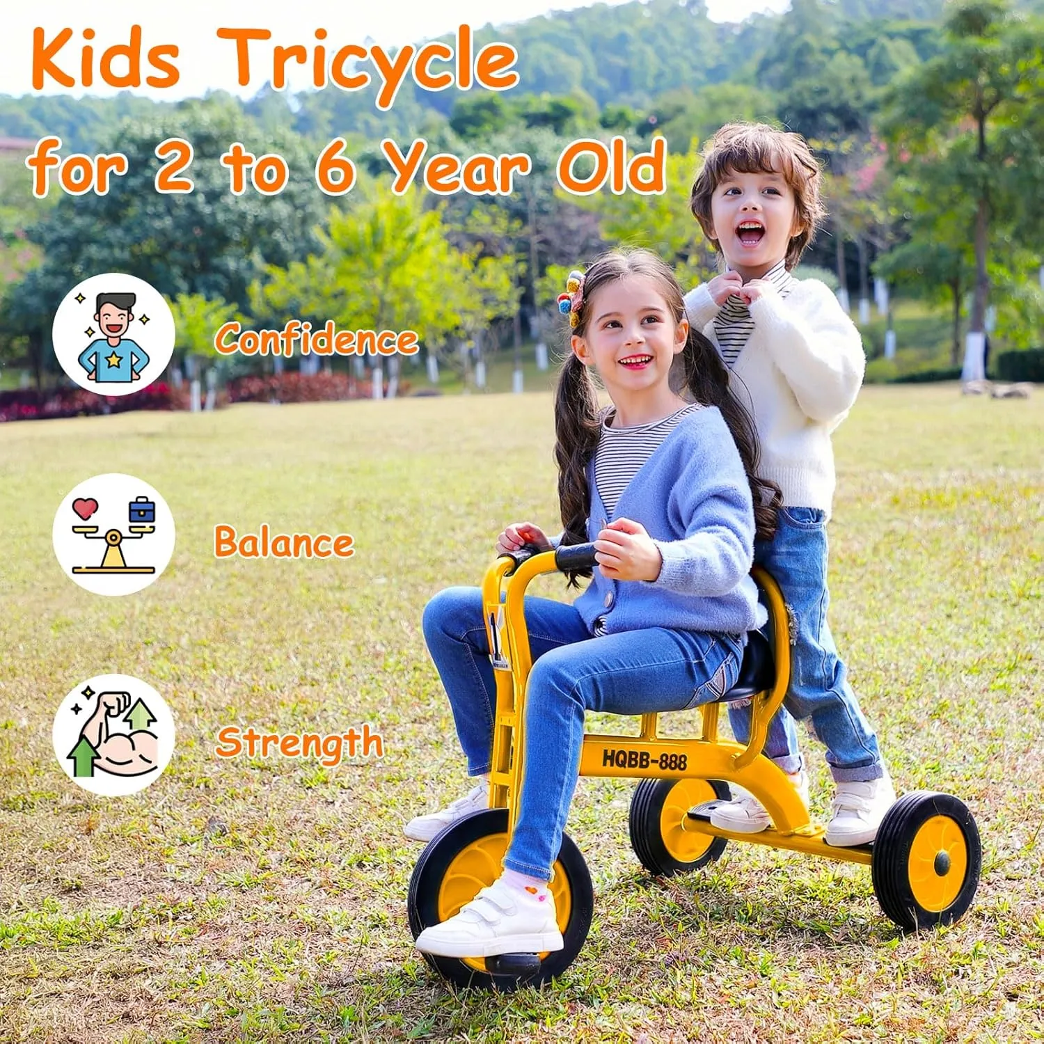 Kids Tricycle, Big Wheel Kids Trike for Age 2-6, Carbon Steel Frame, Non-Slip Rubber Wheels, Outdoor Tricycle for Preschool, Playground, Daycare