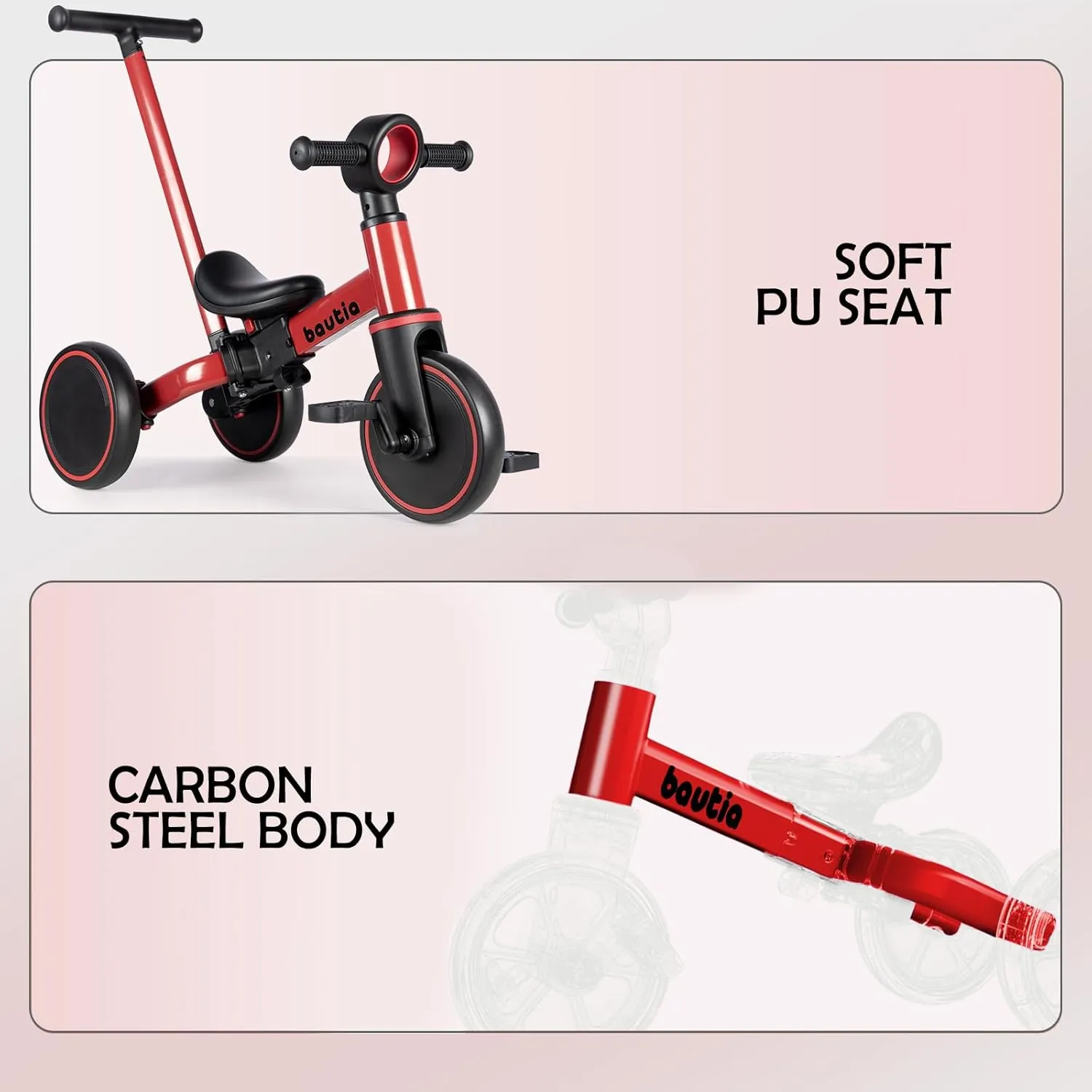 Kids Tricycle for Toddlers 1-3 with Push Handle, 5 in 1 Baby Balance Bike Toy for 1-4 Years Old Boys Girls Gift with Removable Pedals, Red (No Parent Steering Version)