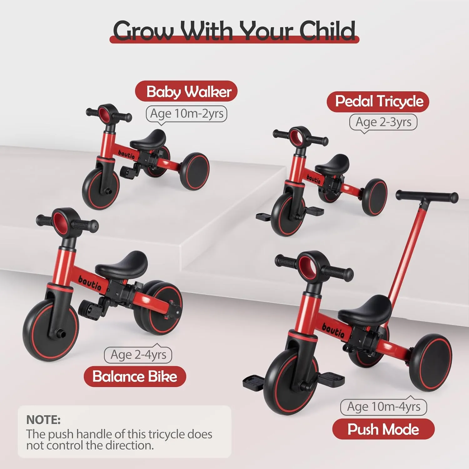 Kids Tricycle for Toddlers 1-3 with Push Handle, 5 in 1 Baby Balance Bike Toy for 1-4 Years Old Boys Girls Gift with Removable Pedals, Red (No Parent Steering Version)