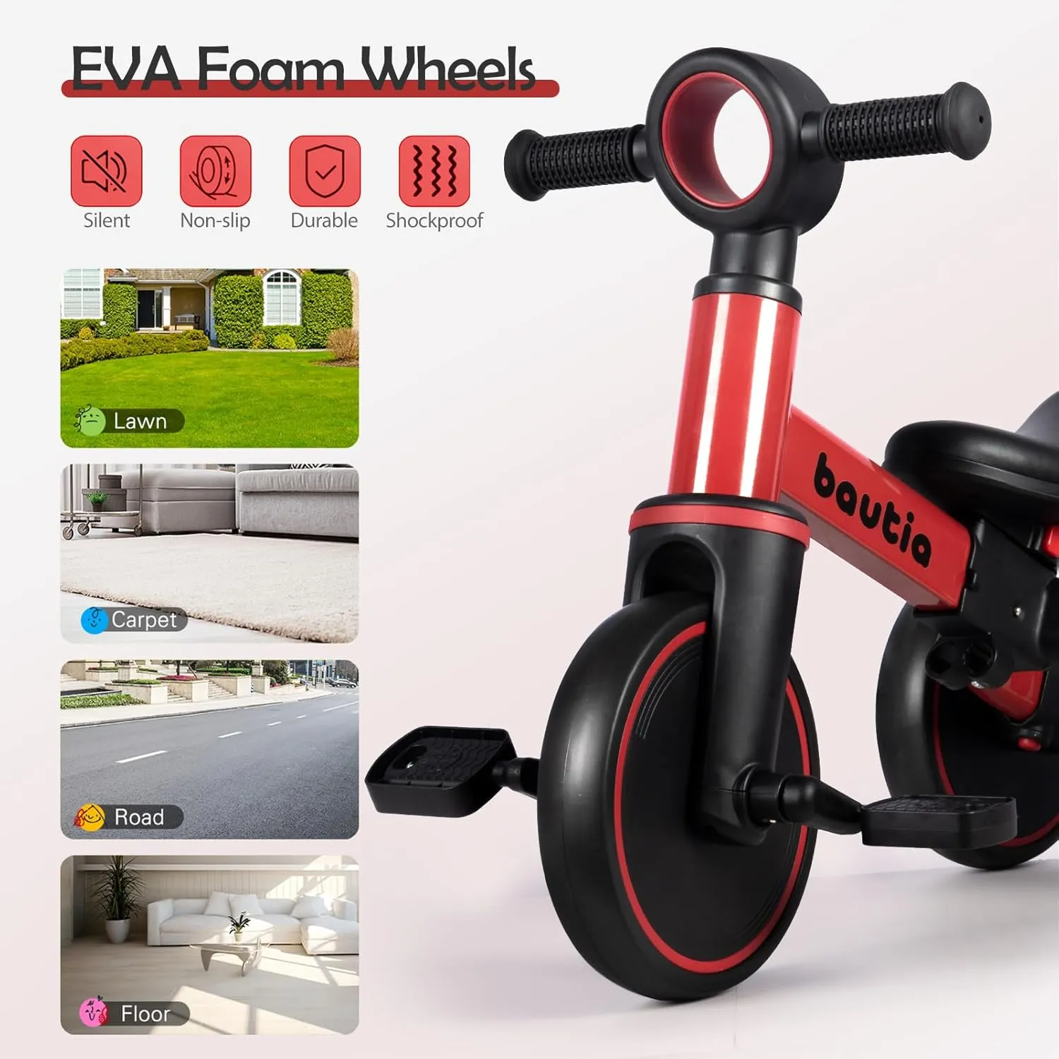 Kids Tricycle for Toddlers 1-3 with Push Handle, 5 in 1 Baby Balance Bike Toy for 1-4 Years Old Boys Girls Gift with Removable Pedals, Red (No Parent Steering Version)