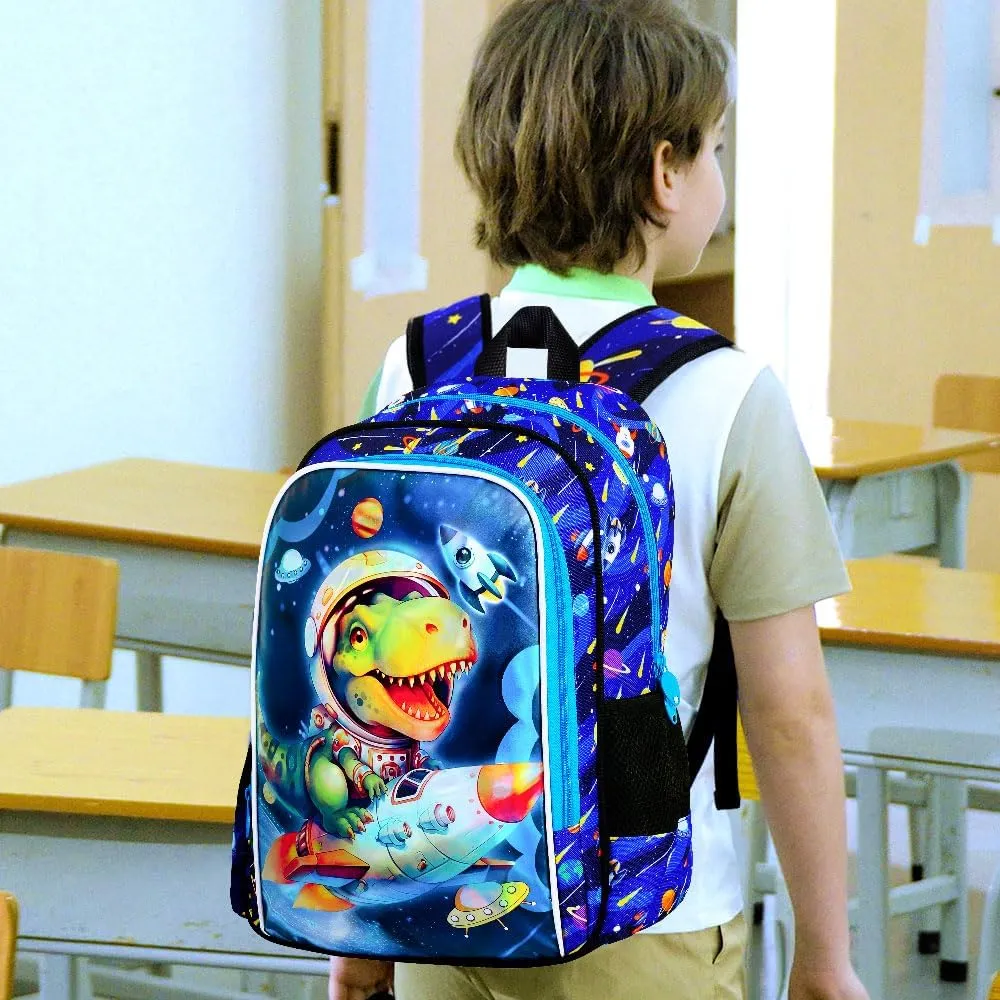 KLFVB 3PCS Dinosaur Backpack, Water Resistant Kids Space Bookbag with Lunch Box for Boys, 16" Preschool Backpacks for Elementary - Rocket Dinosaur