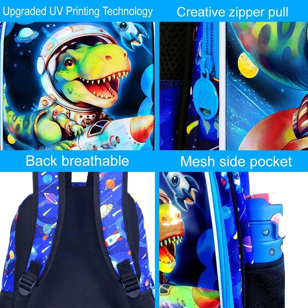KLFVB 3PCS Dinosaur Backpack, Water Resistant Kids Space Bookbag with Lunch Box for Boys, 16" Preschool Backpacks for Elementary - Rocket Dinosaur
