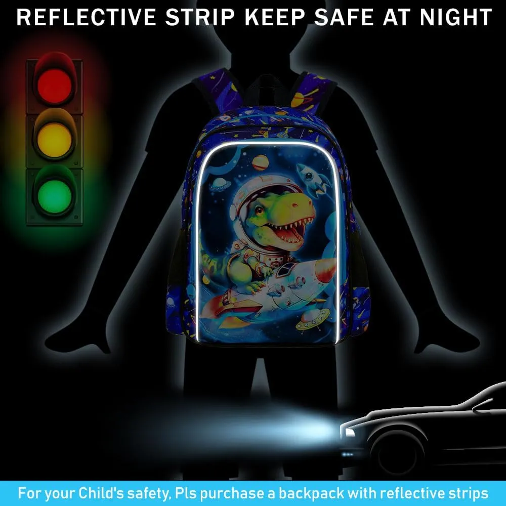 KLFVB 3PCS Dinosaur Backpack, Water Resistant Kids Space Bookbag with Lunch Box for Boys, 16" Preschool Backpacks for Elementary - Rocket Dinosaur