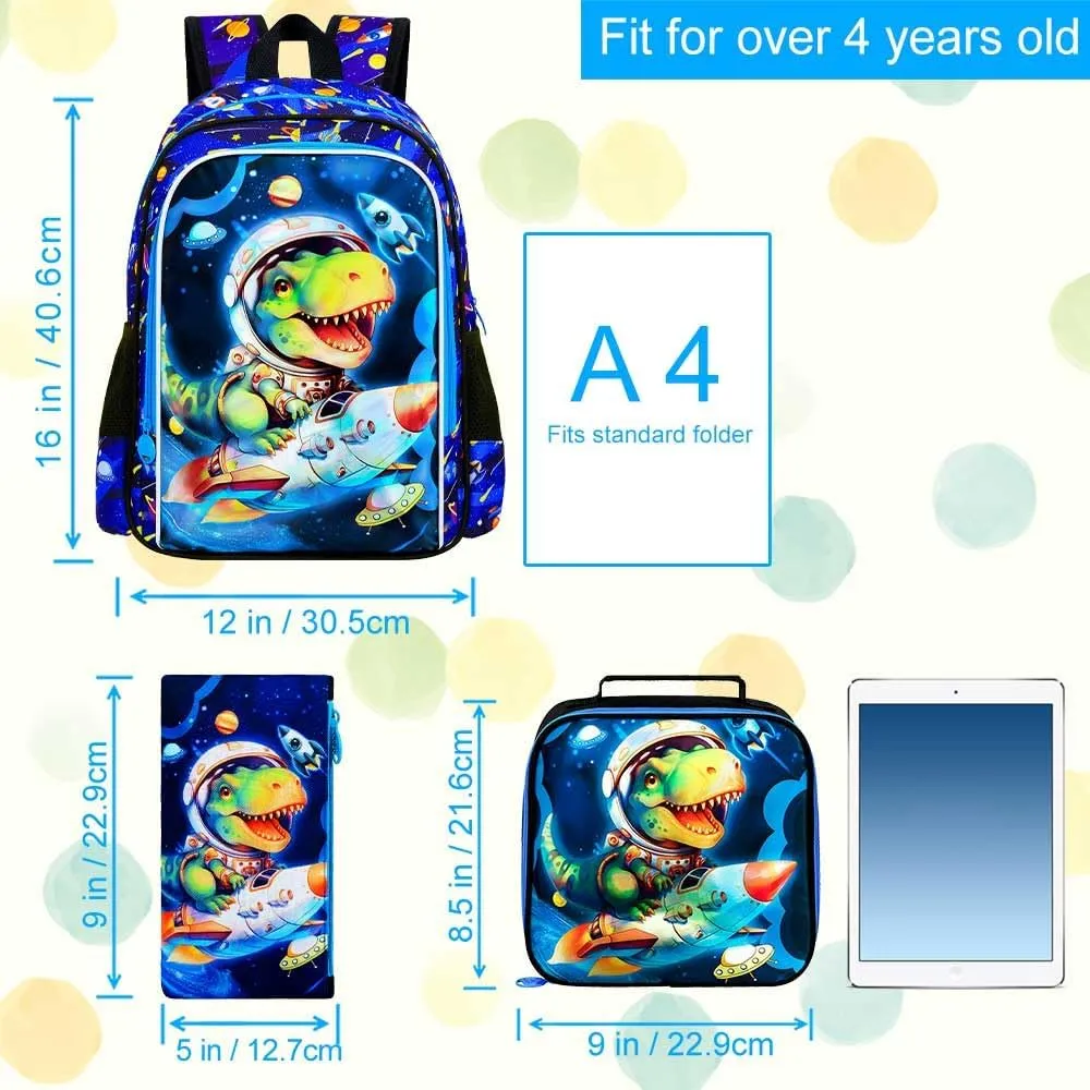 KLFVB 3PCS Dinosaur Backpack, Water Resistant Kids Space Bookbag with Lunch Box for Boys, 16" Preschool Backpacks for Elementary - Rocket Dinosaur