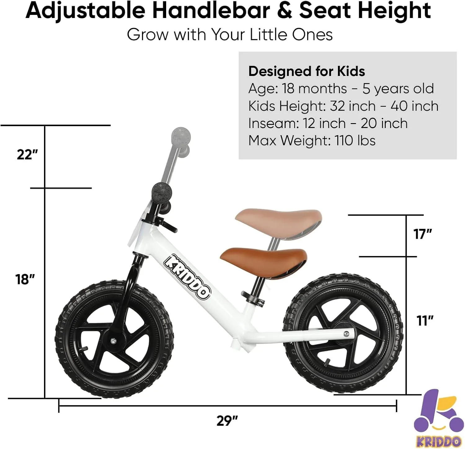 KRIDDO Toddler Balance Bike 2 Year Old, Age 24 Months to 5 Years Old, 12 Inch Push Bicycle with Customize Plate (3 Sets of Stickers Included), Gift Bike for 2-3 Boys Girls, White