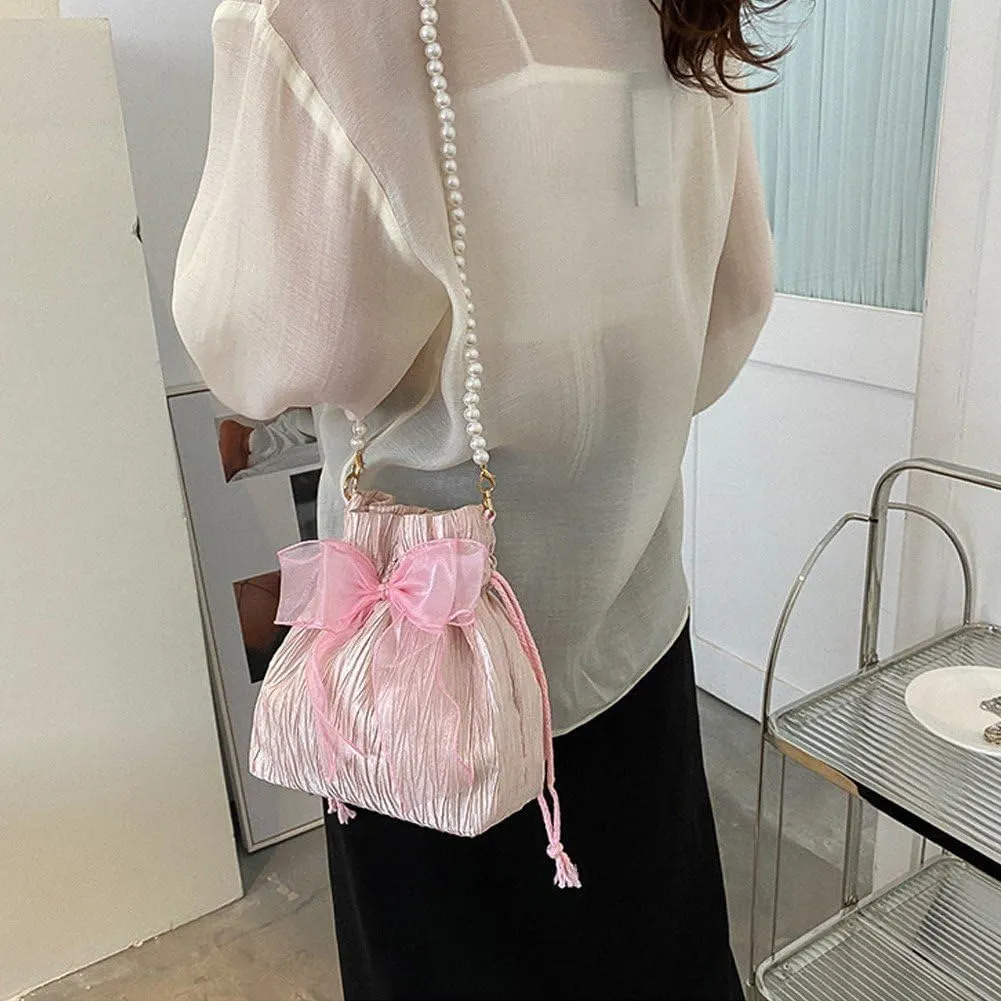 Lace Bow Tote Bag White Pearl Handle Bag Evening Bag Summer Bucket Crossbody Bag Women Supply for Daily Matching