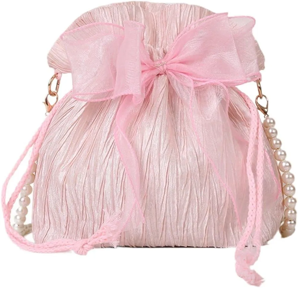 Lace Bow Tote Bag White Pearl Handle Bag Evening Bag Summer Bucket Crossbody Bag Women Supply for Daily Matching