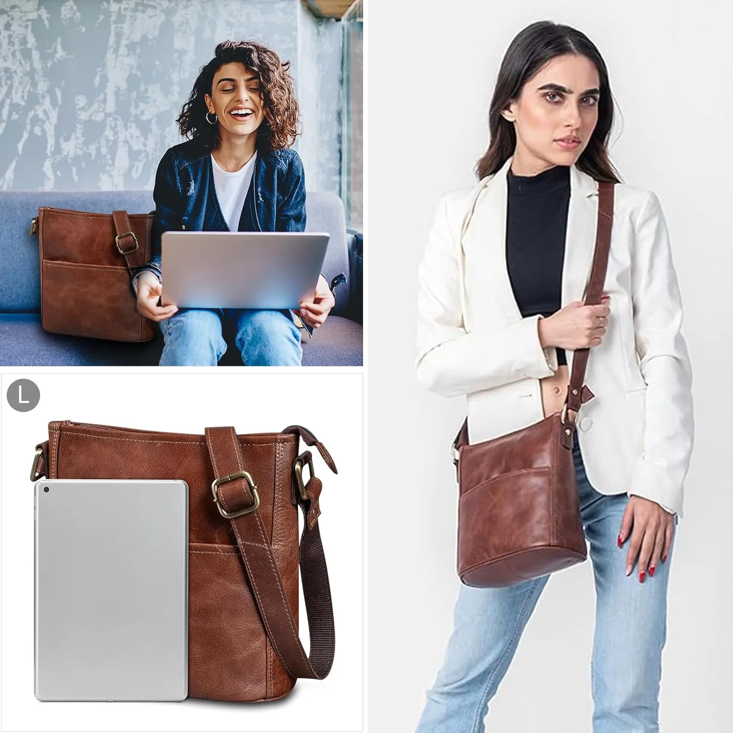 LEABAGS Leather Crossbody Bag - Vintage Genuine Buffalo Leather Handbag - Shoulder Messenger Bag Men Women Briefcase Athens