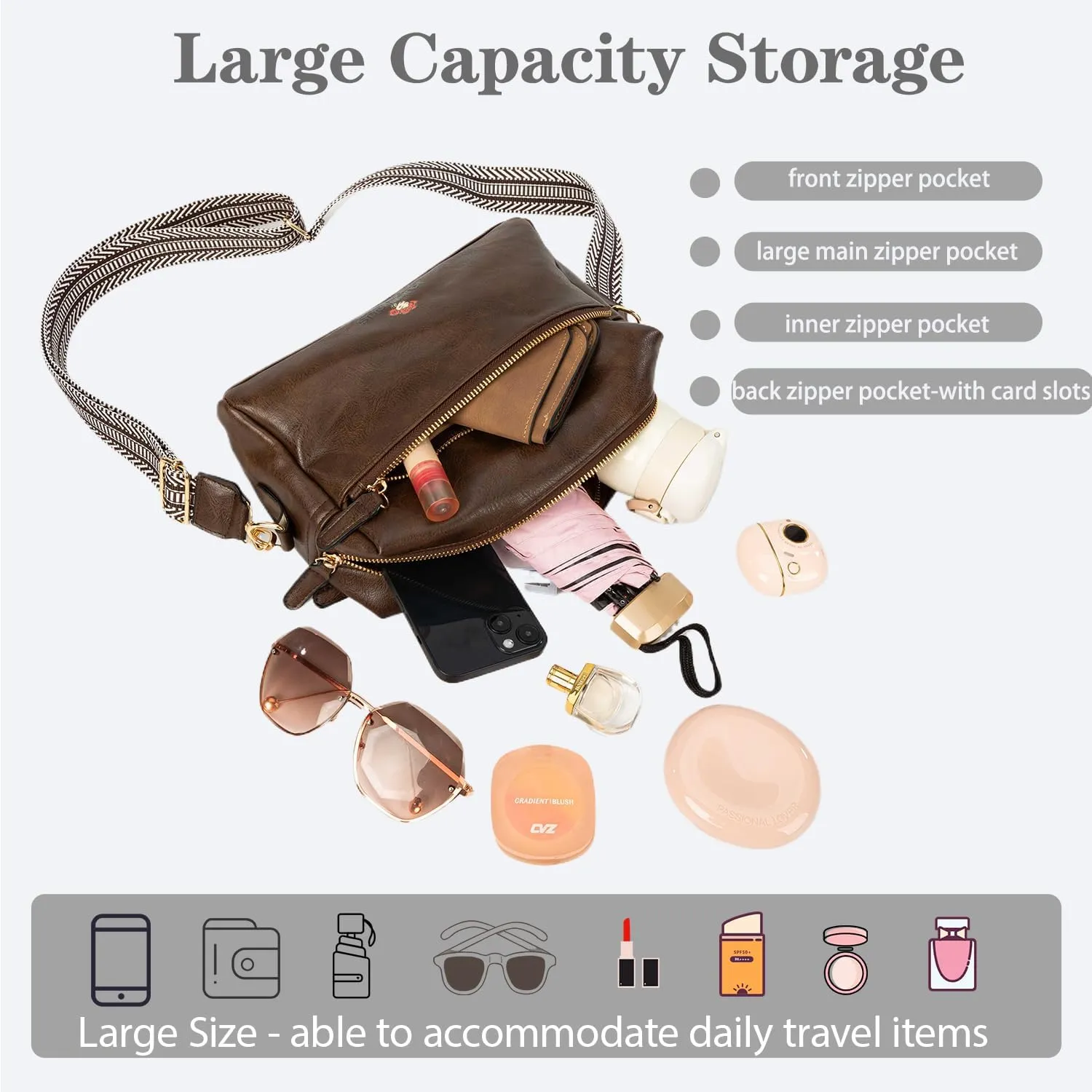 Leather Crossbody Purses for Women,Small Cross Body Bag Wide Adjustable Strap Shoulder Handbag with Credit Card Slots