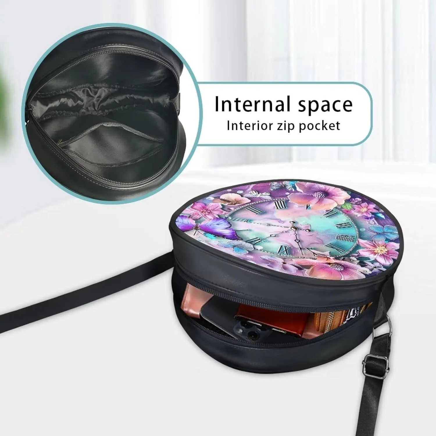Leather Round Purse for Women Shoulder Crossbody Bag, Zipper Small Circle Wallet with Adjustable Strap
