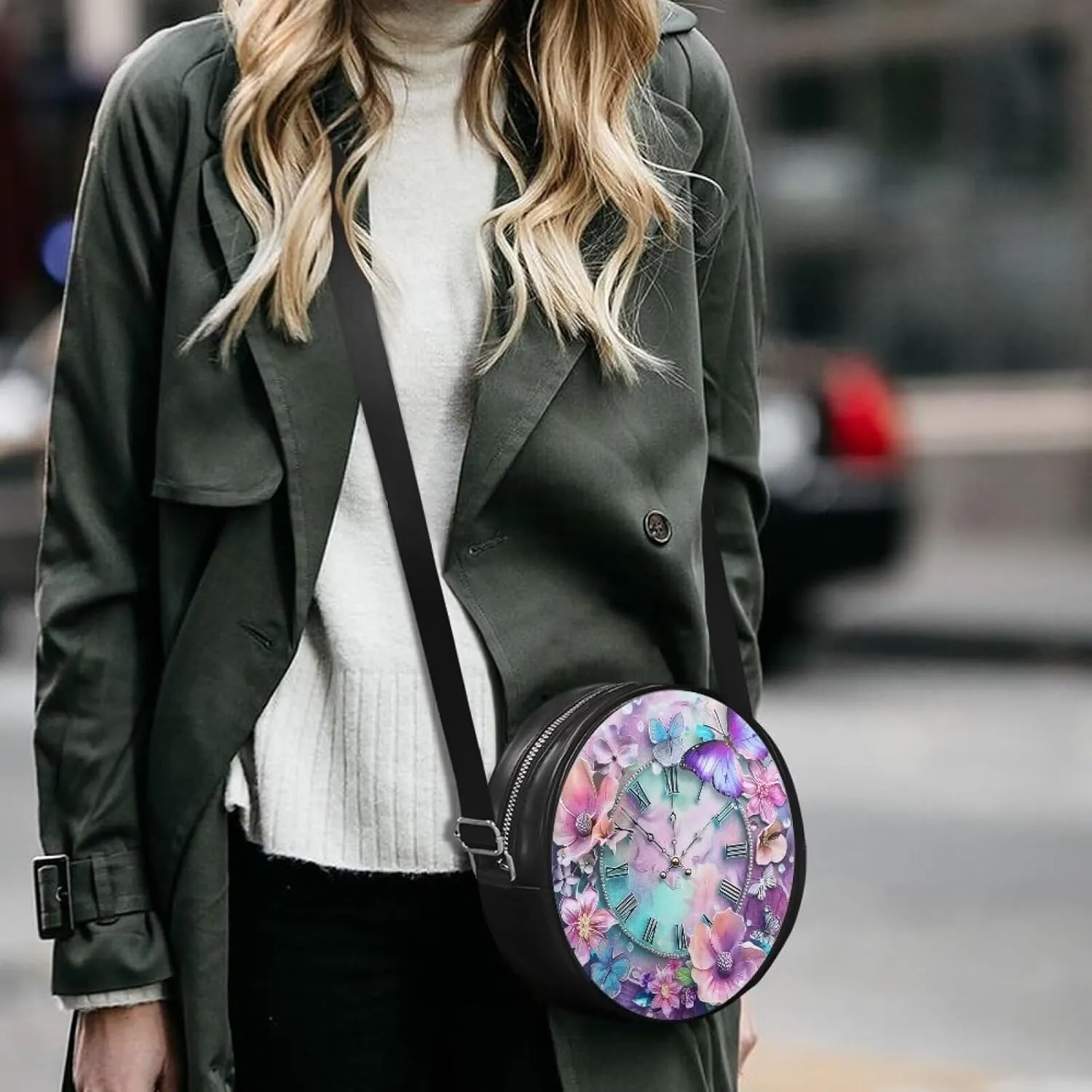 Leather Round Purse for Women Shoulder Crossbody Bag, Zipper Small Circle Wallet with Adjustable Strap