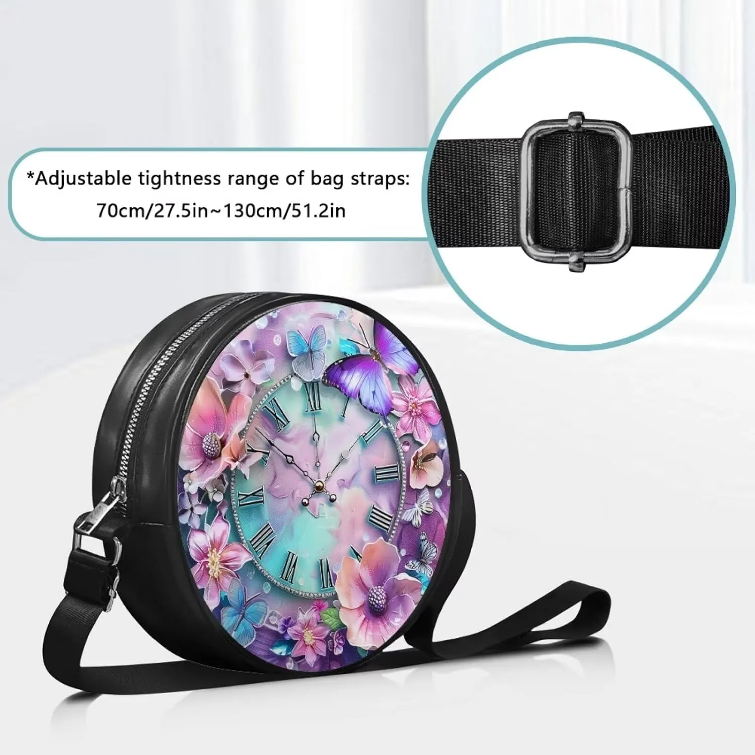 Leather Round Purse for Women Shoulder Crossbody Bag, Zipper Small Circle Wallet with Adjustable Strap