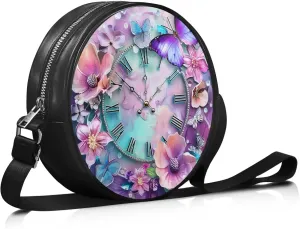 Leather Round Purse for Women Shoulder Crossbody Bag, Zipper Small Circle Wallet with Adjustable Strap