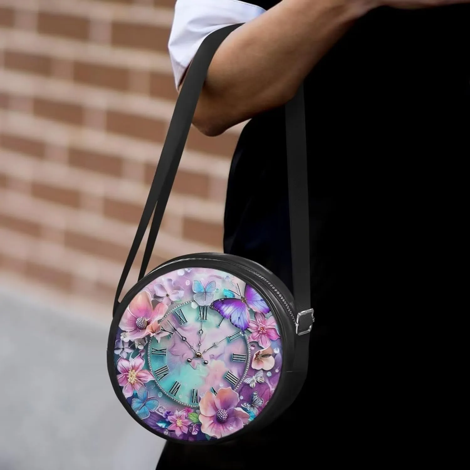 Leather Round Purse for Women Shoulder Crossbody Bag, Zipper Small Circle Wallet with Adjustable Strap