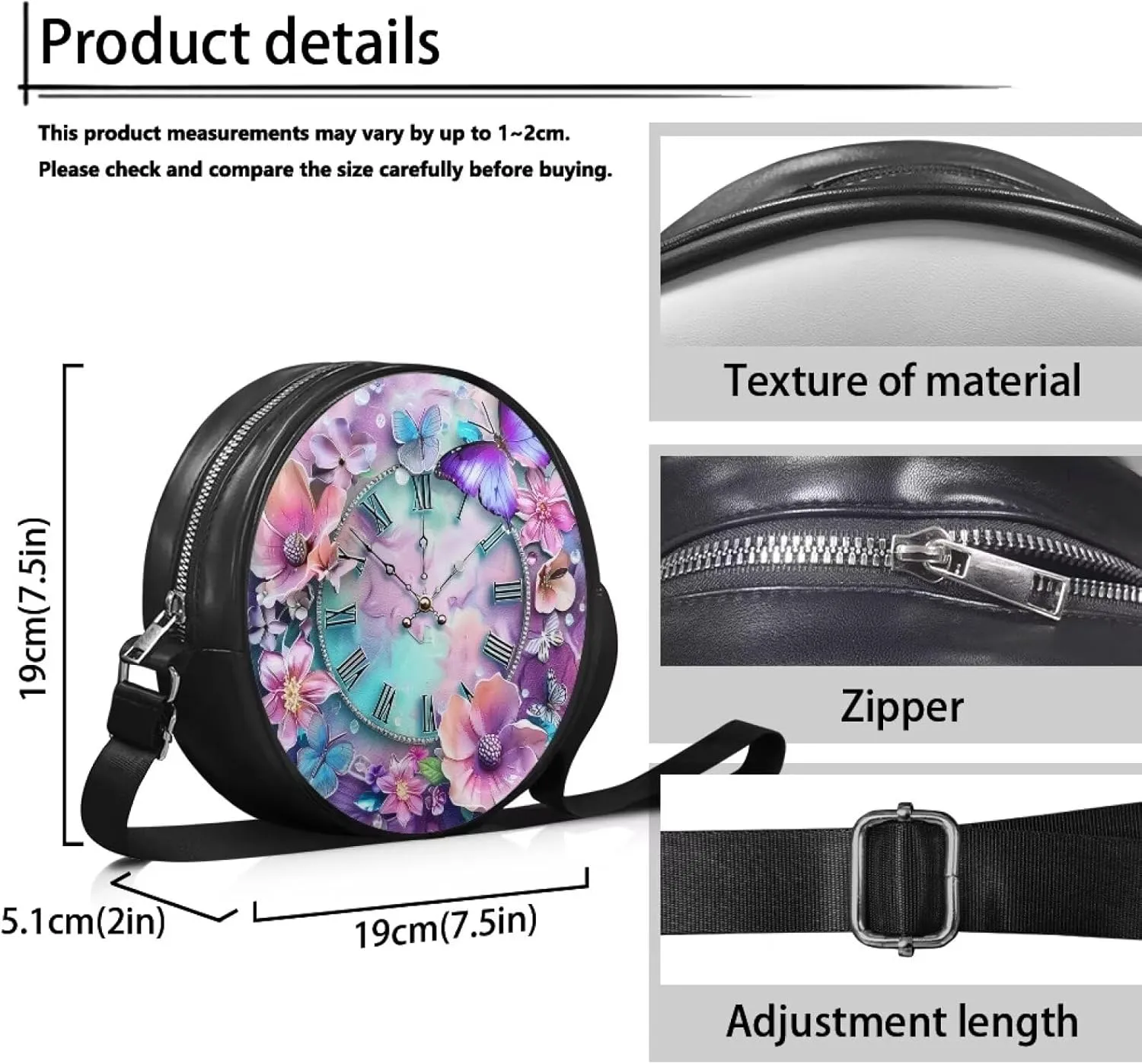 Leather Round Purse for Women Shoulder Crossbody Bag, Zipper Small Circle Wallet with Adjustable Strap