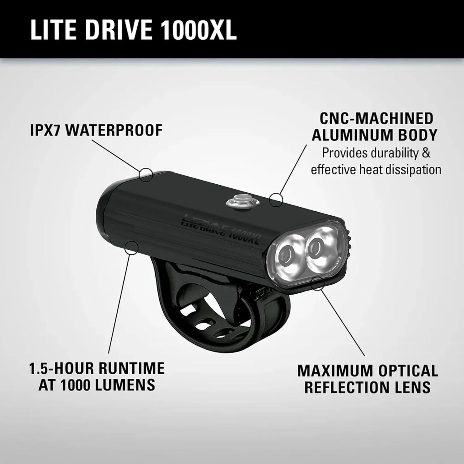 LEZYNE Lite Drive Bicycle Durable USB Rechargeable IPX7 Waterproof White LEDs Front Light w/Multiple Solid & Flash Modes | Silicone Rubber Mounting Strap Included - 1000/1200 Lumens Options