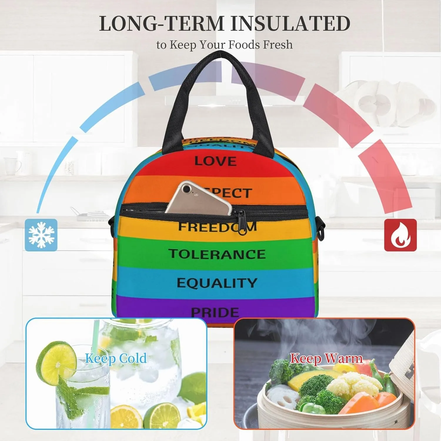 Lgbt Rainbow Love Respect Freedom Tolerance Equality Pride Reusable Lunch Bag Insulated Lunch Box Lunch Tote Bags Lunchbox Container Cooler Lunch Organizer Strap For Work Picnic Travel
