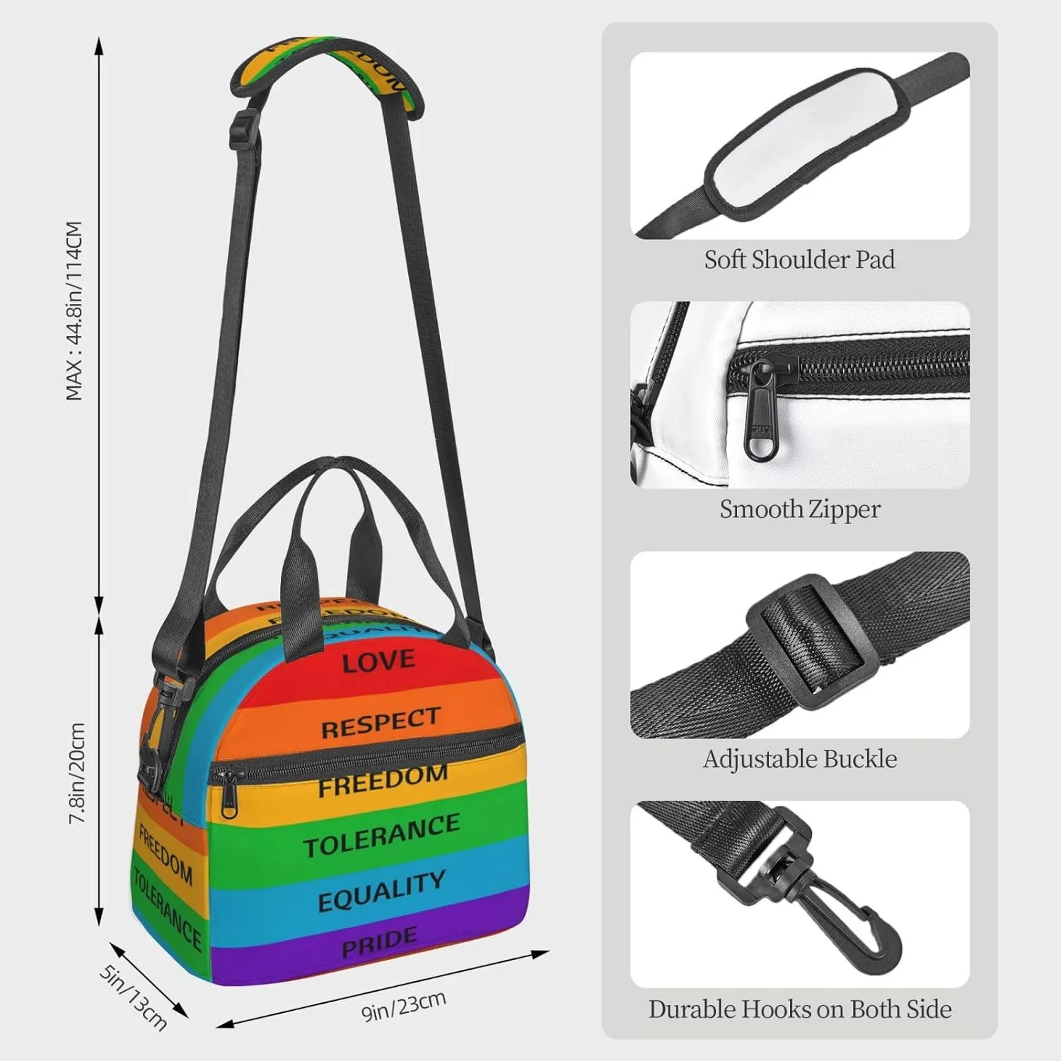 Lgbt Rainbow Love Respect Freedom Tolerance Equality Pride Reusable Lunch Bag Insulated Lunch Box Lunch Tote Bags Lunchbox Container Cooler Lunch Organizer Strap For Work Picnic Travel