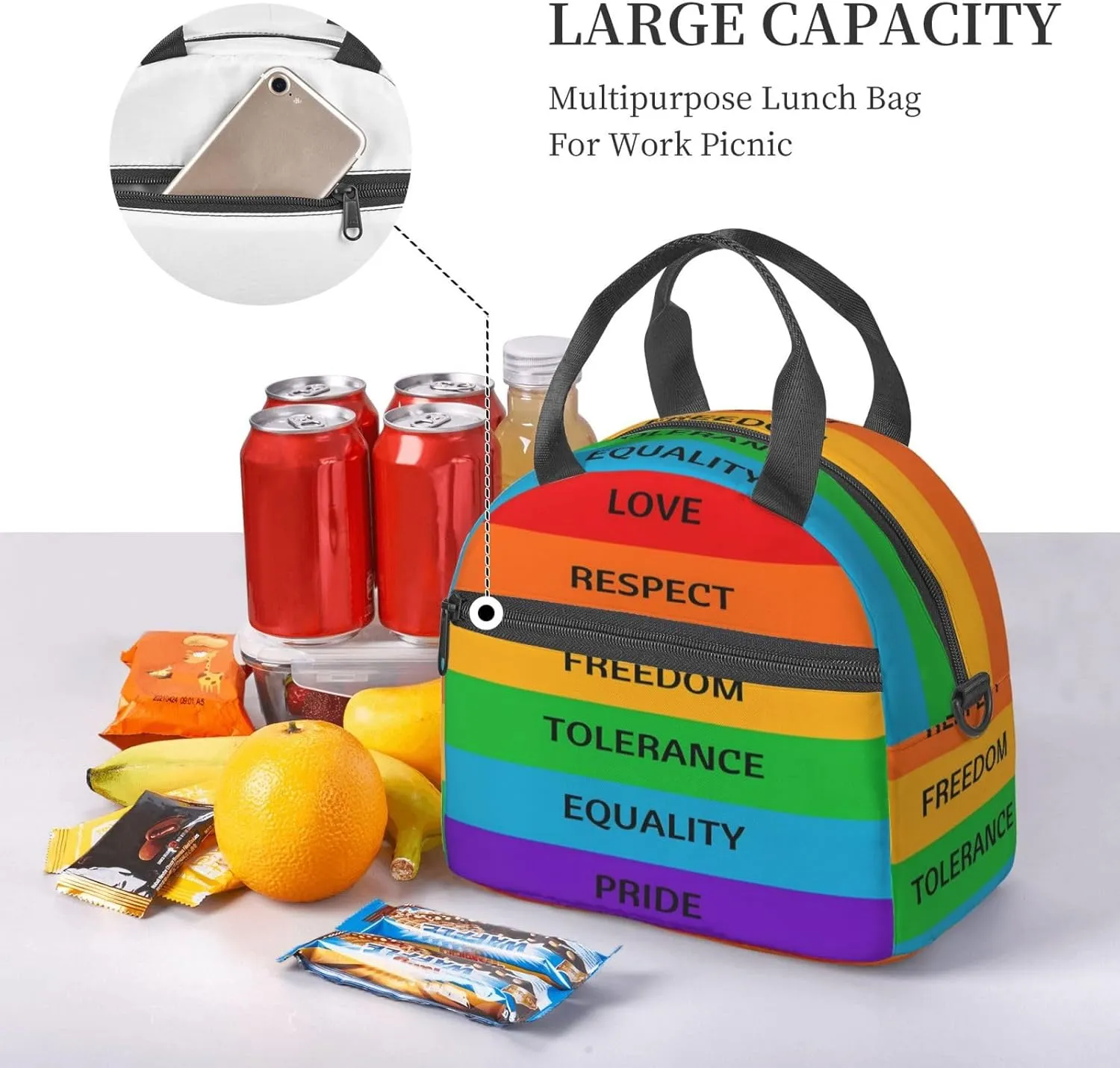 Lgbt Rainbow Love Respect Freedom Tolerance Equality Pride Reusable Lunch Bag Insulated Lunch Box Lunch Tote Bags Lunchbox Container Cooler Lunch Organizer Strap For Work Picnic Travel