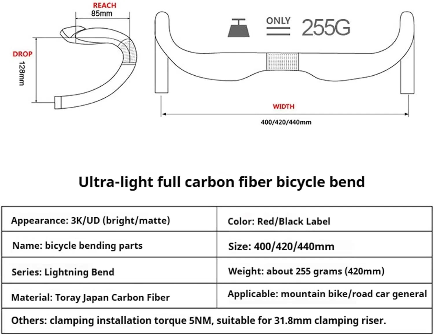 Lightweight Carbon Fiber Road Bike Handlebar, 31.8mm Drop Bar, 3K Finish, Anti-Shock, Durable, Perfect for Road, Gravel Bikes (420MM)