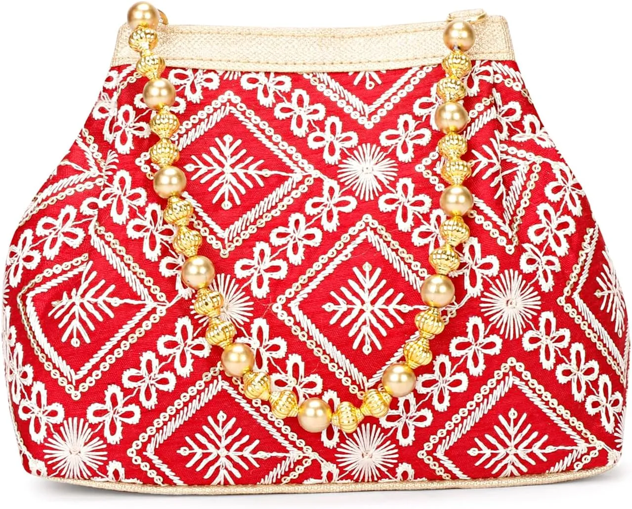 LONGING TO BUY Potli Bags for Women Embroidered Evening Purses with Gold Pearl Handle, Indian Women Potli Bags for Wedding