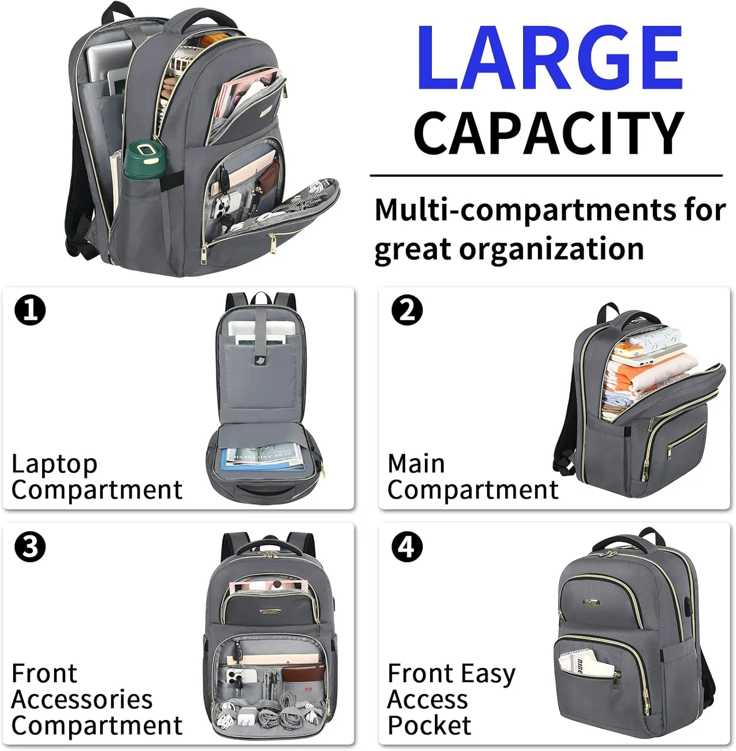 LTINVECK Travel Laptop Backpack for Women Men, Business Anti Theft TSA Friendly Laptops Backpack with USB Charging Port,Water Resistant Computer Bag Fits 15.6 Inch Laptops,Grey