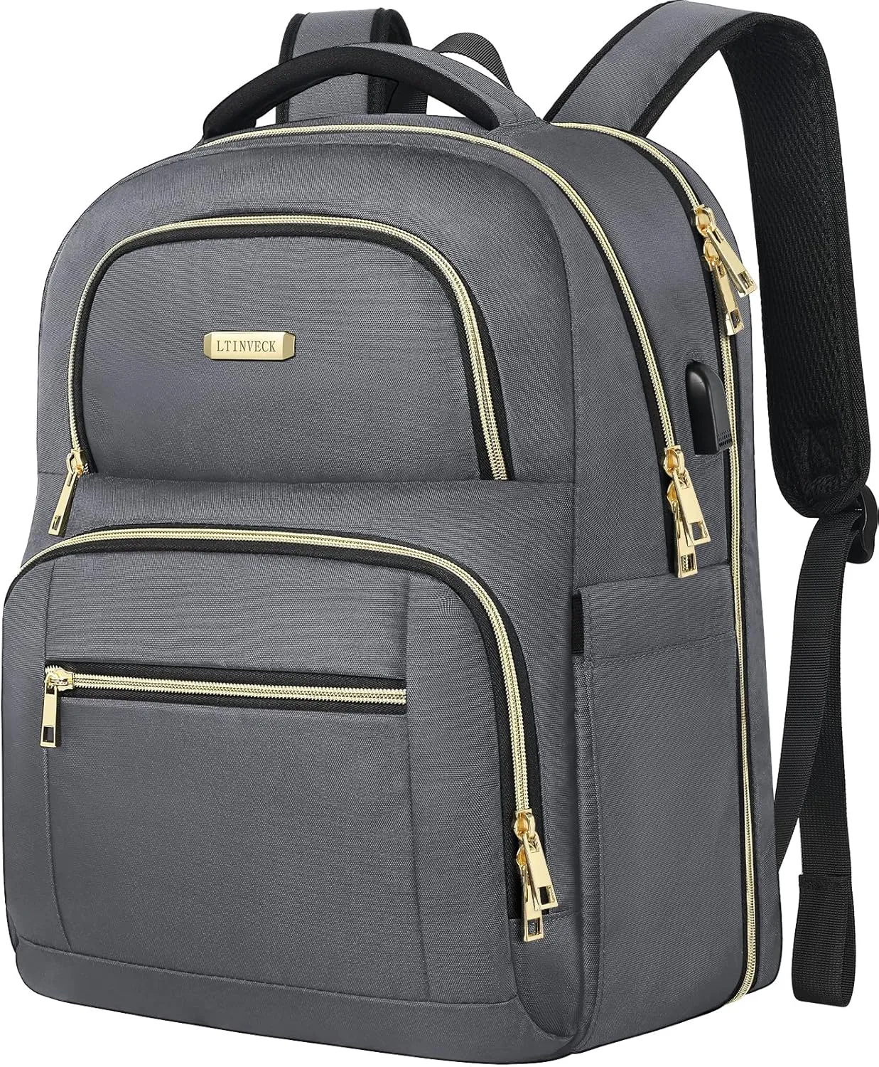 LTINVECK Travel Laptop Backpack for Women Men, Business Anti Theft TSA Friendly Laptops Backpack with USB Charging Port,Water Resistant Computer Bag Fits 15.6 Inch Laptops,Grey