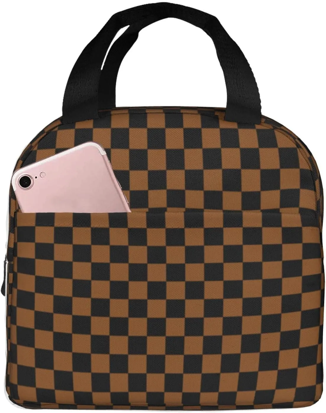 Lunch Bag Brown and Black Plaid Portable Reusable Lunch Box Insulated Lunch Tote for Office Outdoor Picnic Handbags Tote 8.5 X 8 X 5in