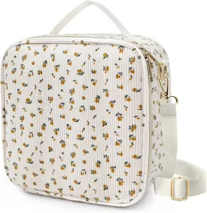 Lunch Bag for Women Cute Corduroy Lunch Tote Bags Reusable Lunch Tote Handbags Leakproof Thermal Cooler Lunch Case Large Capacity Lunch Box for Girls School Travel Picnic (Small Flower)