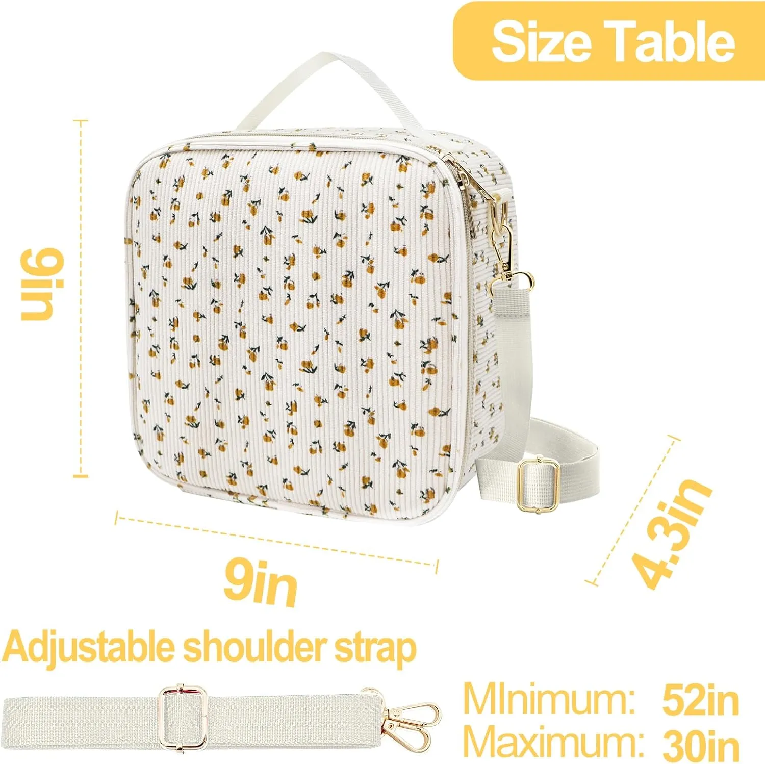 Lunch Bag for Women Cute Corduroy Lunch Tote Bags Reusable Lunch Tote Handbags Leakproof Thermal Cooler Lunch Case Large Capacity Lunch Box for Girls School Travel Picnic (Small Flower)
